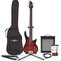 Read more about the article Chicago 5 String Trans Red Bass Guitar + 35W Amp Pack by Gear4music