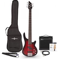Read more about the article Chicago 5 String Trans Red Bass Guitar + 15W Amp Pack by Gear4music