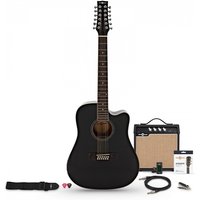 Dreadnought 12 String Electro Acoustic Guitar Black + Amp Pack